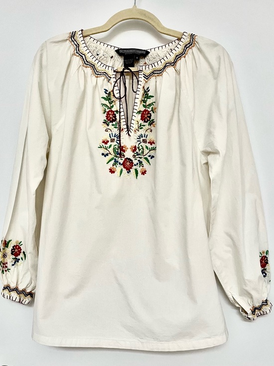 The Peterman Company Tops - Embroidered Cream Peasant Blouse with Floral Yoke